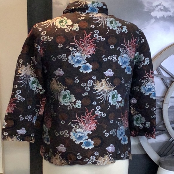 Vintage UNITS Petite M Brown Silk Blend Floral Asian Style Top Jacket Sz M - Picture 6 of 11